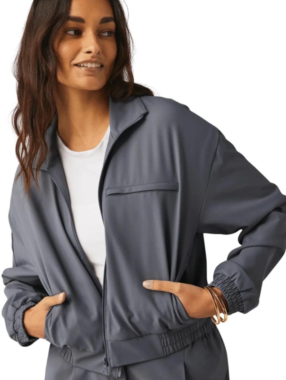Beyond Yoga Dusty Blue Cropped Bomber Jacket